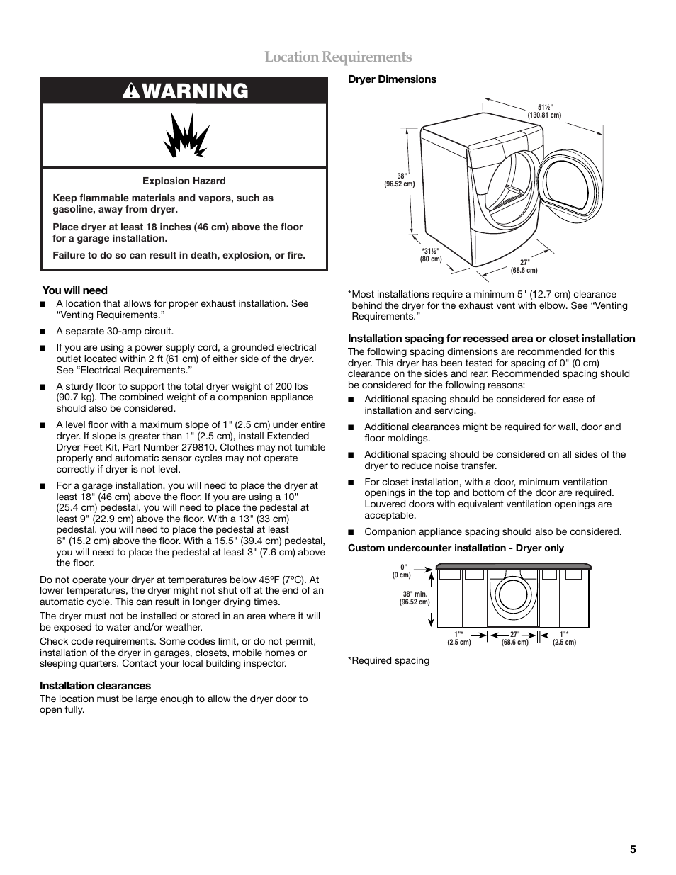 Warning, Location requirements | Maytag W10099070 User Manual | Page 5 / 76