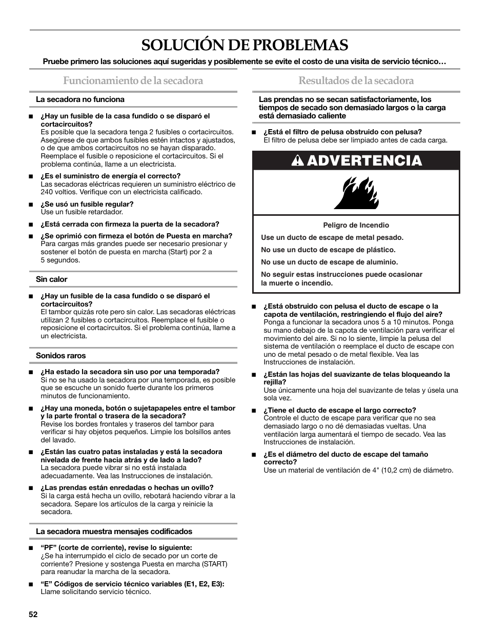 Solución de problemas, Advertencia, Funcionamiento de la secadora | Resultados de la secadora | Maytag W10099070 User Manual | Page 52 / 76