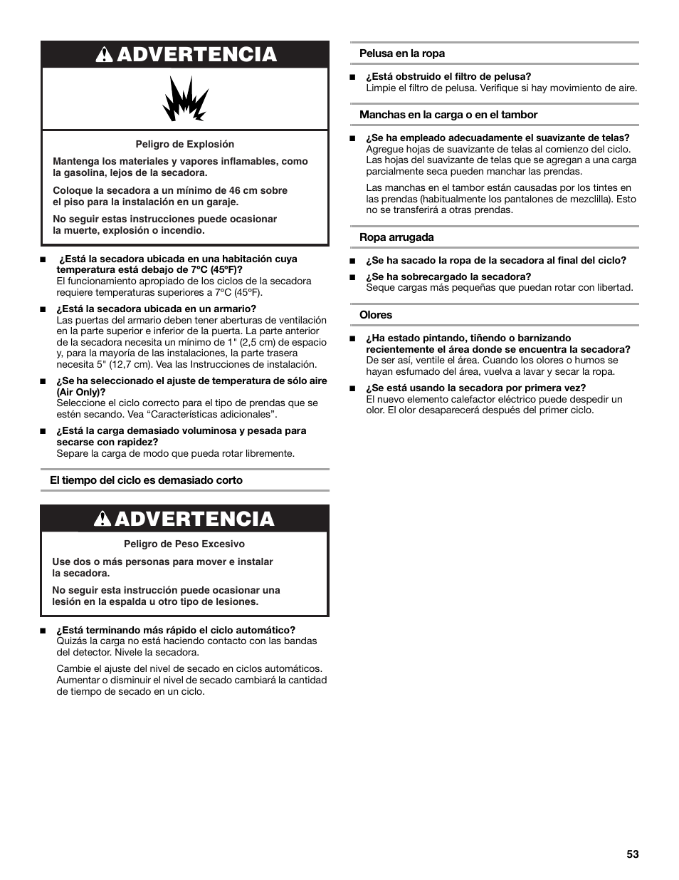 Advertencia | Maytag W10099070 User Manual | Page 53 / 76