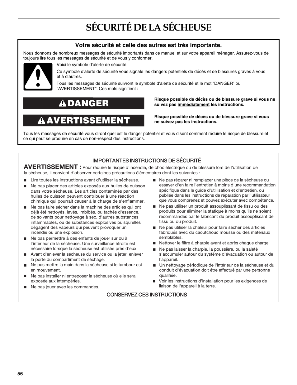 Sécurité de la sécheuse, Avertissement danger, Avertissement | Maytag W10099070 User Manual | Page 56 / 76