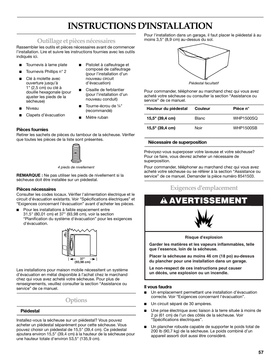 Instructions d'installation, Avertissement, Outillage et pièces nécessaires | Options, Exigences d'emplacement | Maytag W10099070 User Manual | Page 57 / 76