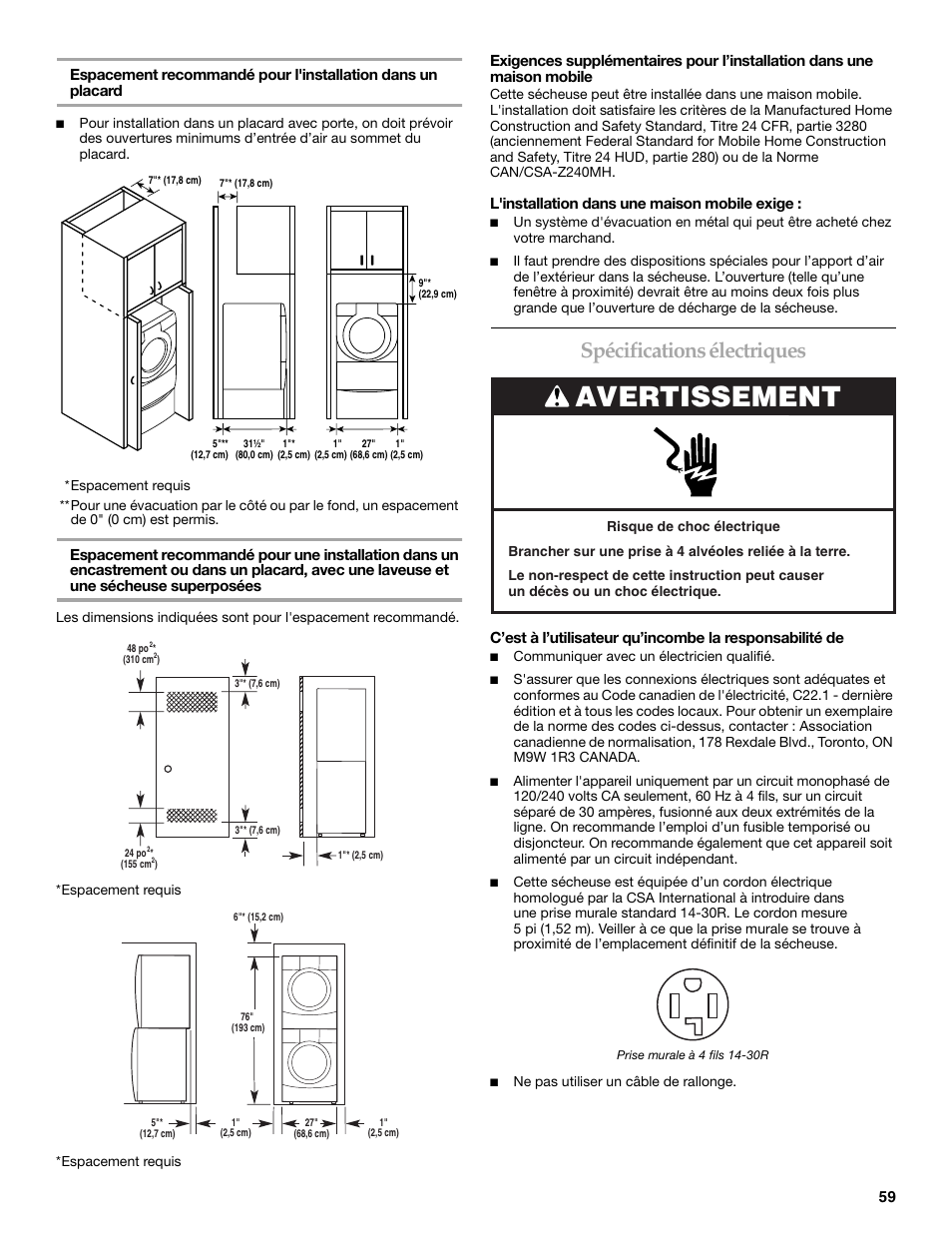 Avertissement, Spécifications électriques | Maytag W10099070 User Manual | Page 59 / 76