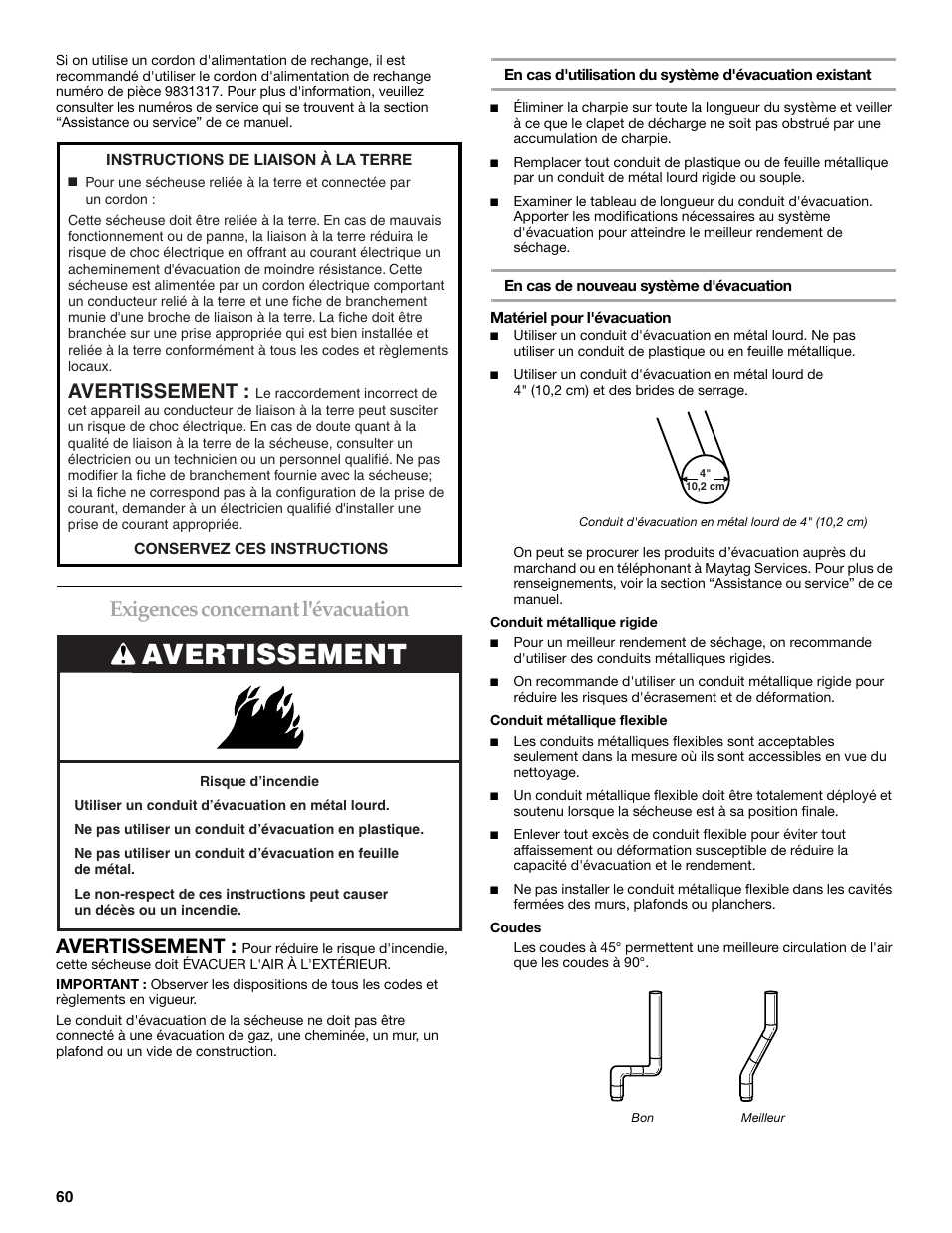 Exigences concernant l'évacuation, Avertissement | Maytag W10099070 User Manual | Page 60 / 76