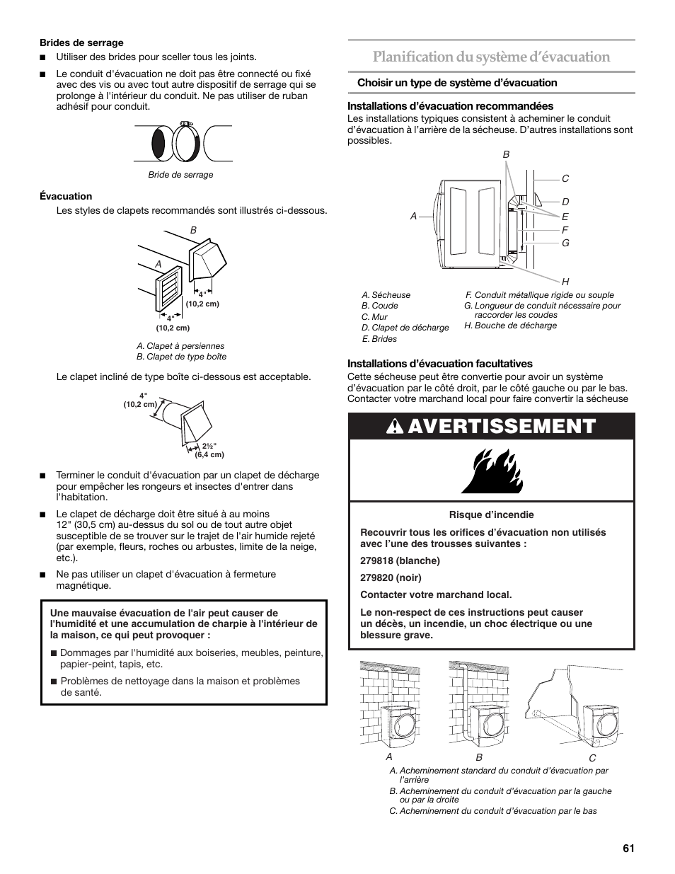 Avertissement, Planification du système d’évacuation | Maytag W10099070 User Manual | Page 61 / 76