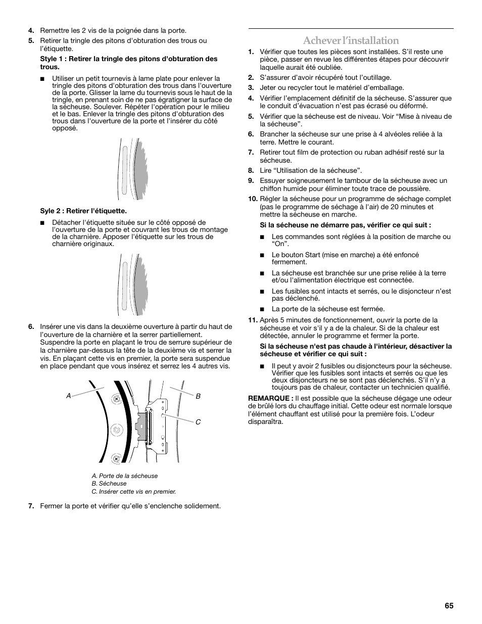 Achever l’installation | Maytag W10099070 User Manual | Page 65 / 76