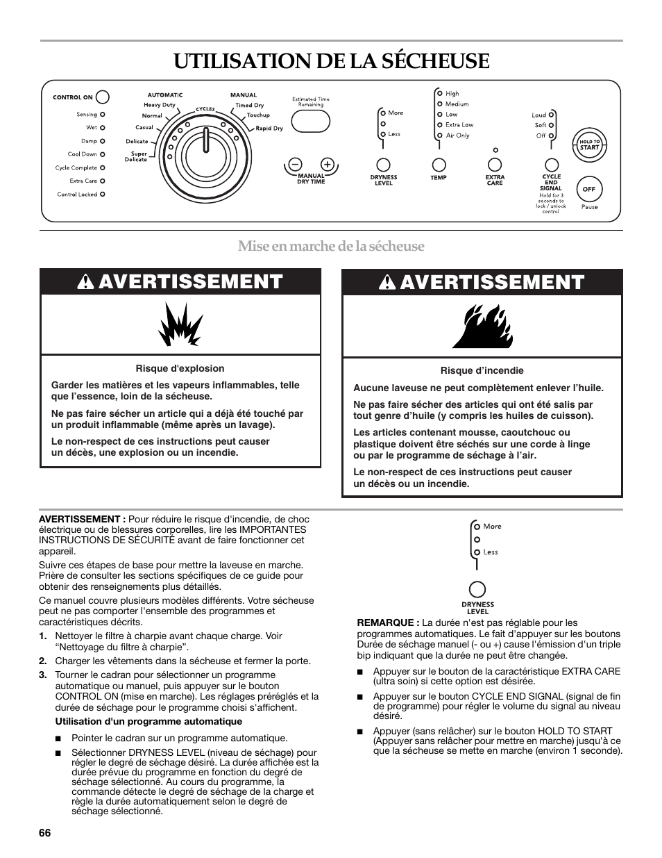 Utilisation de la sécheuse, Avertissement, Mise en marche de la sécheuse | Maytag W10099070 User Manual | Page 66 / 76