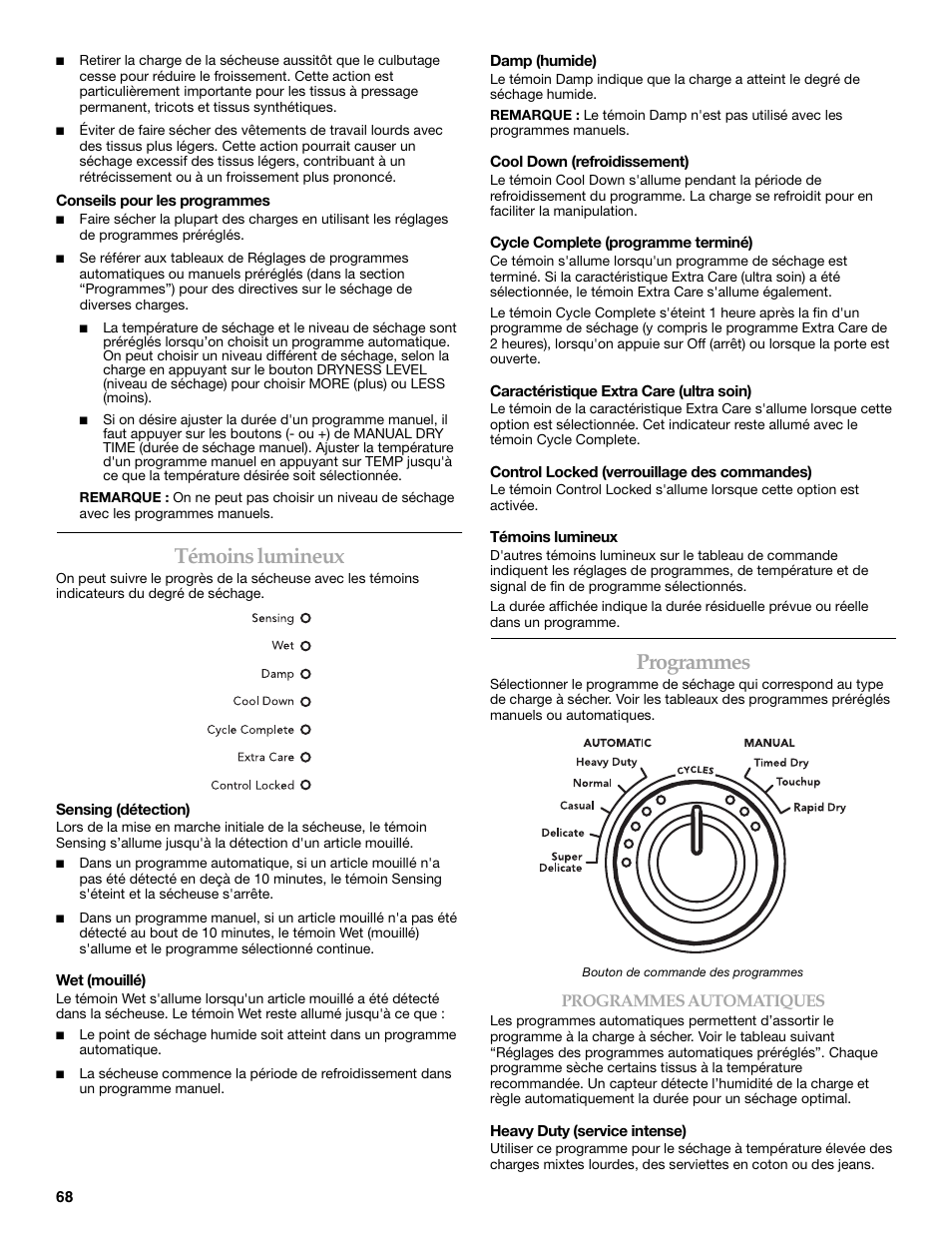 Témoins lumineux, Programmes | Maytag W10099070 User Manual | Page 68 / 76