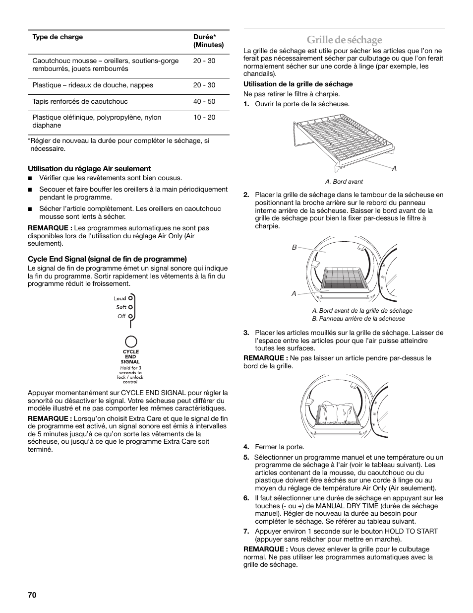 Grille de séchage | Maytag W10099070 User Manual | Page 70 / 76