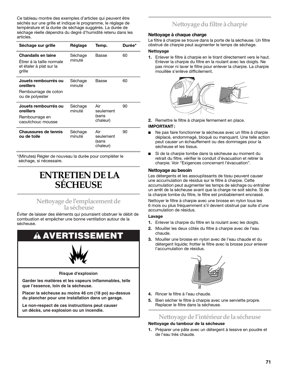 Entretien de la sécheuse, Avertissement, Nettoyage de l'emplacement de la sécheuse | Nettoyage du filtre à charpie, Nettoyage de l’intérieur de la sécheuse | Maytag W10099070 User Manual | Page 71 / 76