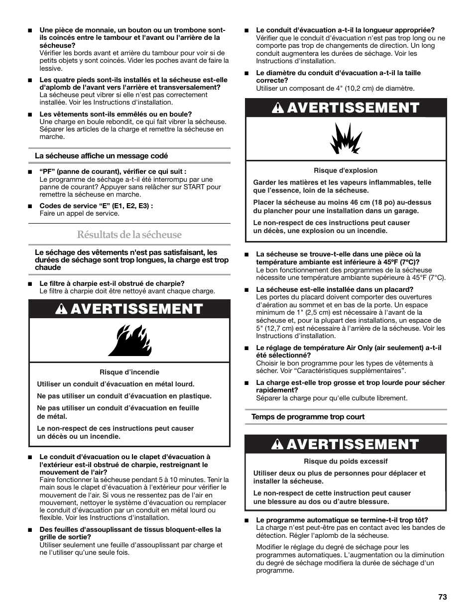 Avertissement, Résultats de la sécheuse | Maytag W10099070 User Manual | Page 73 / 76