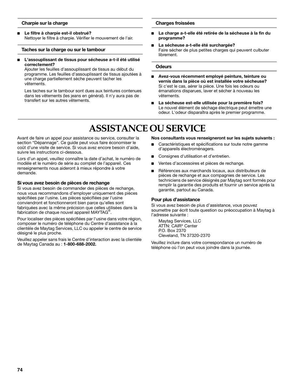 Assistance ou service | Maytag W10099070 User Manual | Page 74 / 76