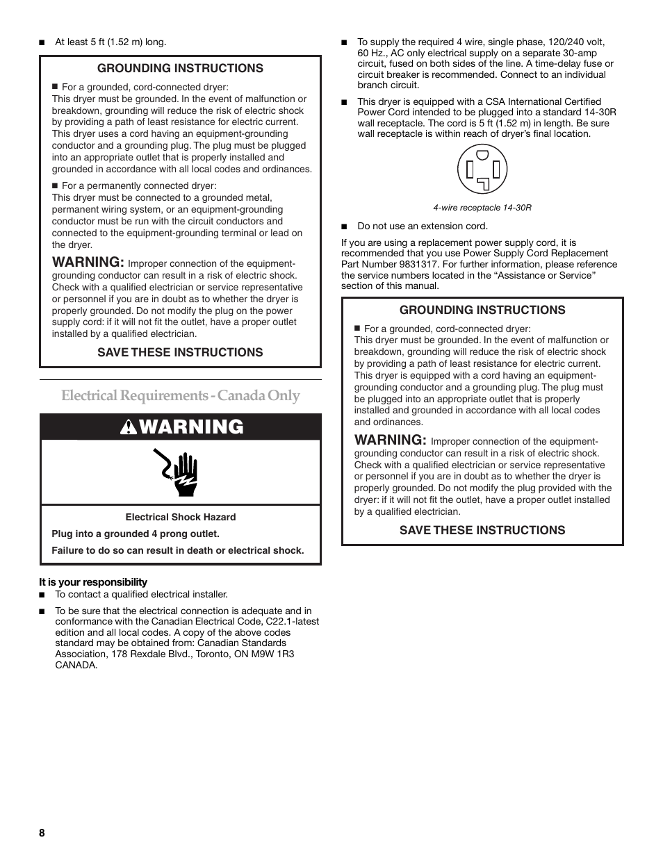 Electrical requirements - canada only, Warning | Maytag W10099070 User Manual | Page 8 / 76