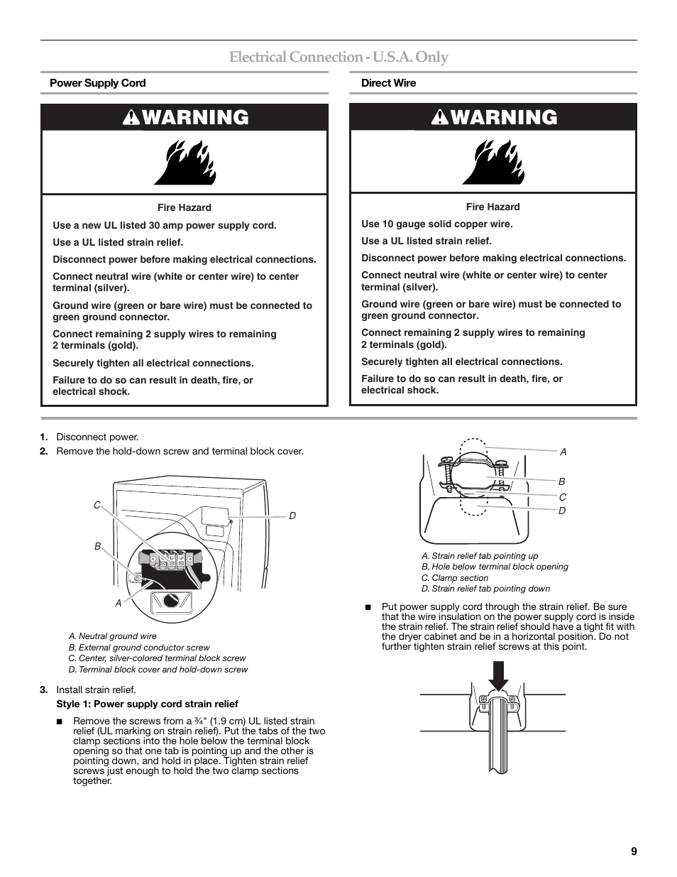 Warning, Electrical connection - u.s.a. only | Maytag W10099070 User Manual | Page 9 / 76