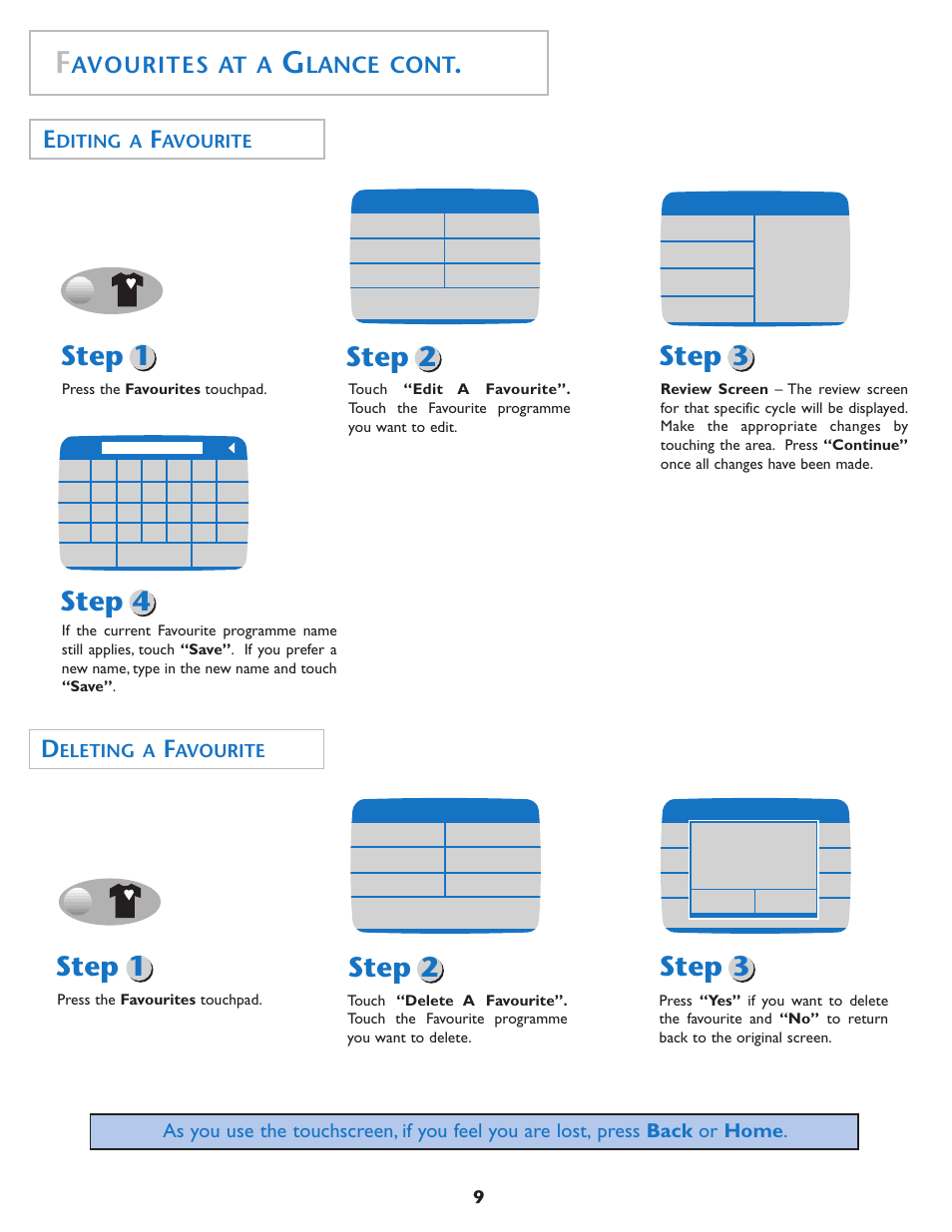 Step 1 step 2 step 3 step 4, Step 1 step 2, Step 3 | Avourites at a, Lance cont, Diting a, Avourite, Eleting a | Maytag MAH7550AGW User Manual | Page 10 / 80