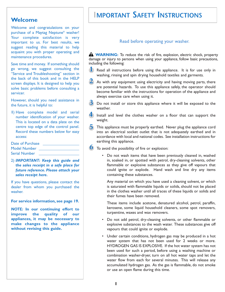 Mportant, Afety, Nstructions | Welcome | Maytag MAH7550AGW User Manual | Page 2 / 80