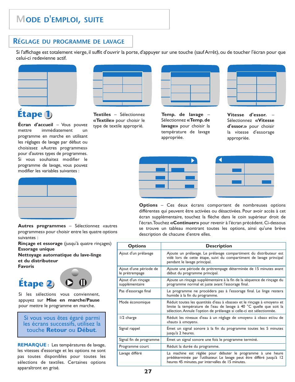 Étape 1 étape 2, Ode d, Emploi | Suite, Églage du programme de lavage | Maytag MAH7550AGW User Manual | Page 28 / 80