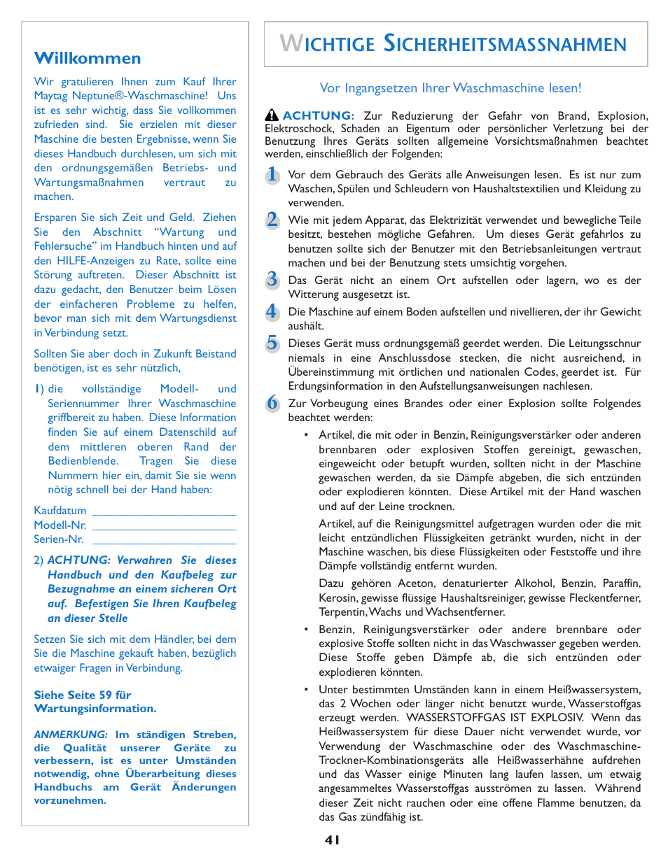 Ichtige, Icherheitsmassnahmen, Willkommen | Maytag MAH7550AGW User Manual | Page 42 / 80