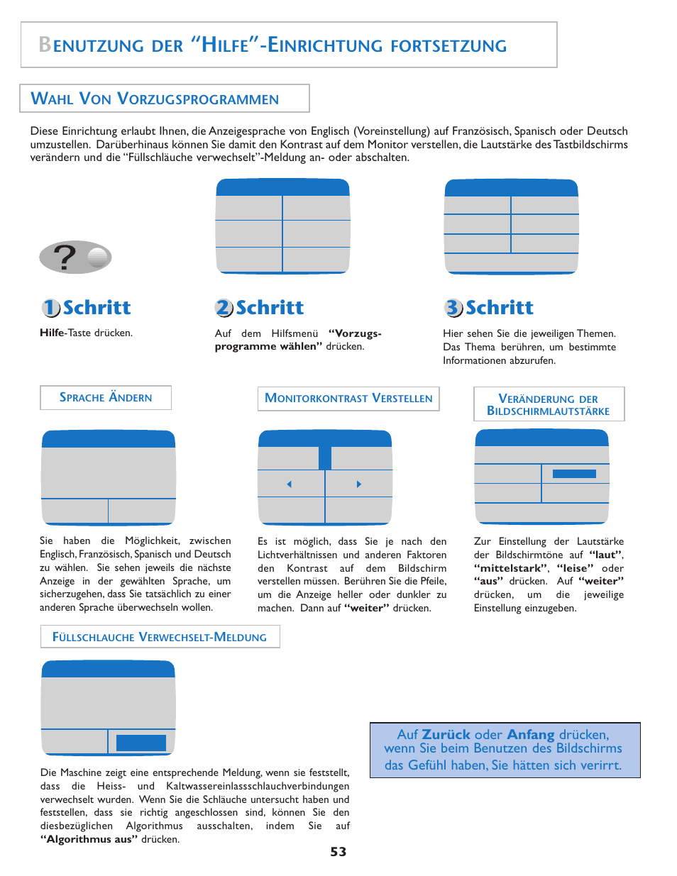 1 schritt 2 schritt 3 schritt, Enutzung der, Ilfe | Inrichtung fortsetzung, Orzugsprogrammen | Maytag MAH7550AGW User Manual | Page 54 / 80