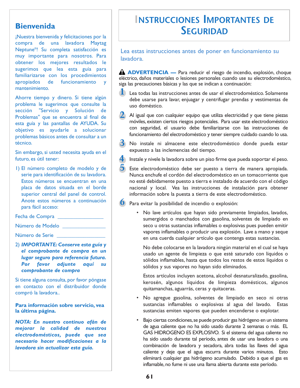 Nstrucciones, Mportantes de, Eguridad | Bienvenida | Maytag MAH7550AGW User Manual | Page 62 / 80