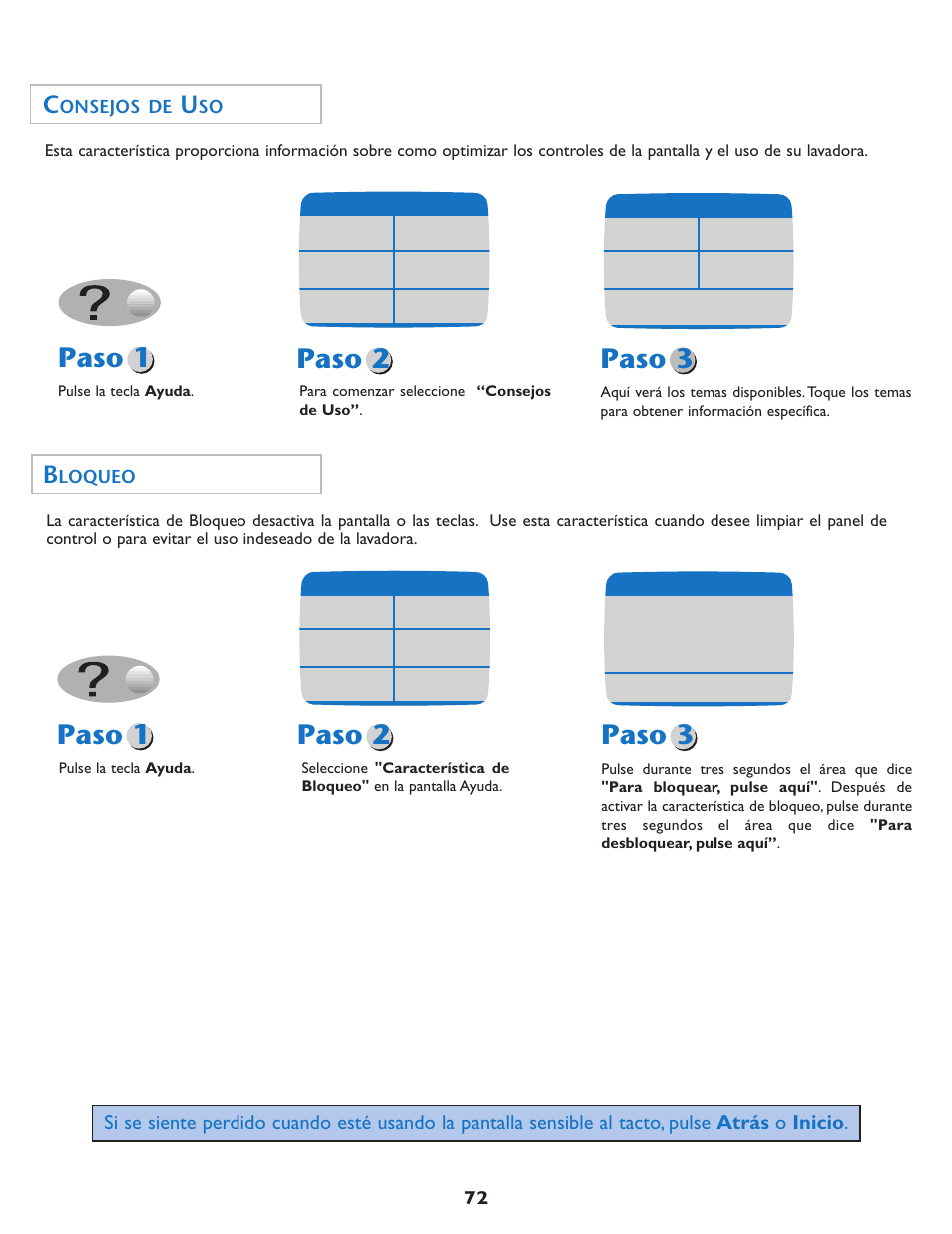 Paso 1, Paso 2, Paso 3 | Paso 1 paso 2, Onsejos de, Loqueo | Maytag MAH7550AGW User Manual | Page 73 / 80