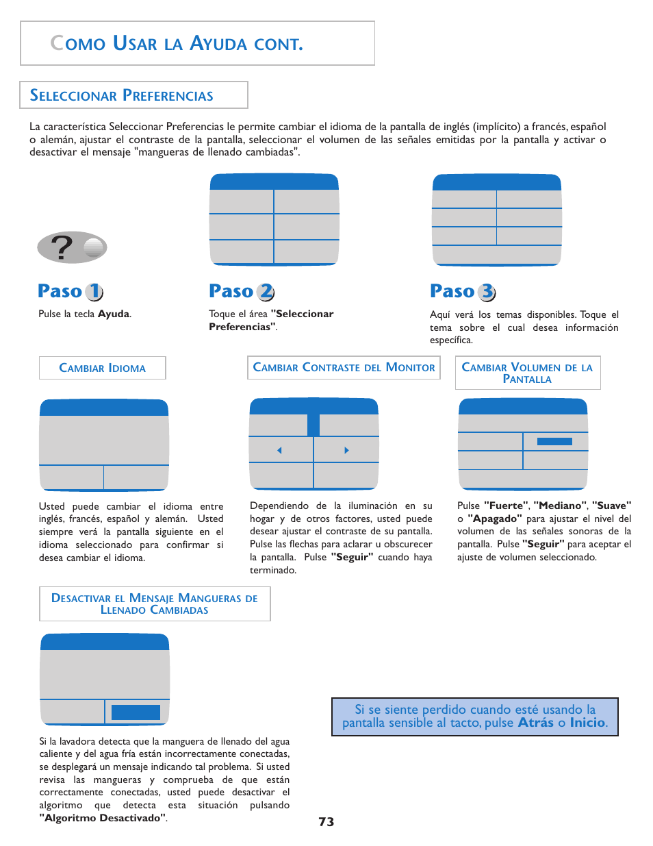 Paso 1, Paso 2, Paso 3 | Sar la, Yuda cont, Eleccionar, Referencias | Maytag MAH7550AGW User Manual | Page 74 / 80