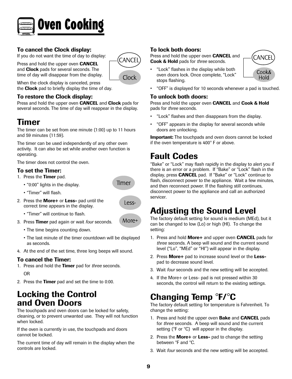 8113p636-60.p10, Oven cooking, Timer | Locking the control and oven doors, Fault codes, Adjusting the sound level, Changing temp | Maytag 8113P636-60 User Manual | Page 10 / 84