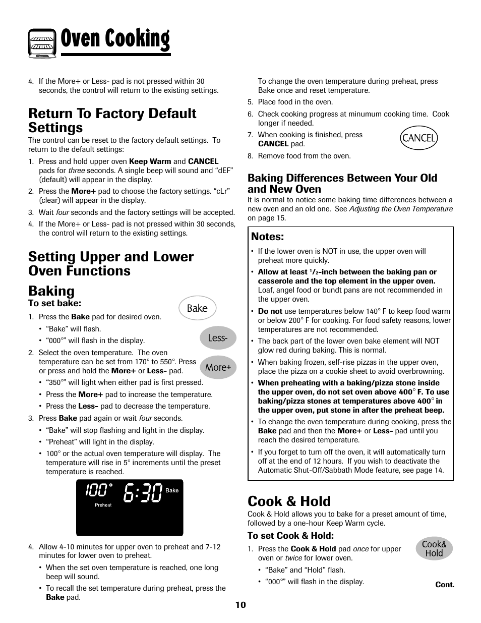 8113p636-60.p11, Oven cooking, Baking | Setting upper and lower oven functions, Return to factory default settings, Cook & hold, Baking differences between your old and new oven | Maytag 8113P636-60 User Manual | Page 11 / 84