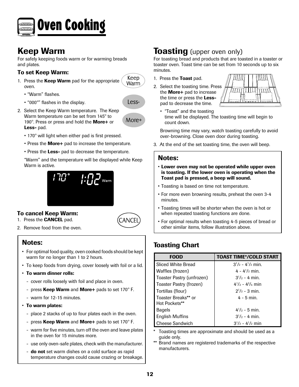 8113p636-60.p13, Oven cooking, Keep warm | Toasting, Upper oven only), Toasting chart | Maytag 8113P636-60 User Manual | Page 13 / 84
