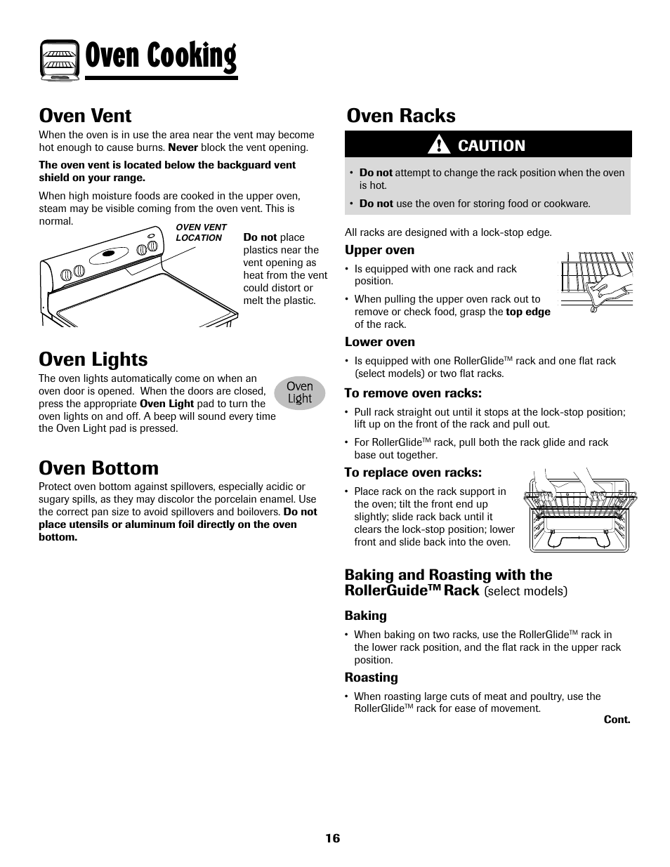 8113p636-60.p17, Oven cooking, Oven lights | Oven bottom, Oven vent, Oven racks, Caution, Baking and roasting with the rollerguide, Rack | Maytag 8113P636-60 User Manual | Page 17 / 84