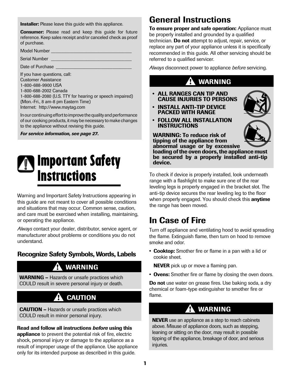 8113p636-60.p2, Important safety instructions, General instructions in case of fire | Maytag 8113P636-60 User Manual | Page 2 / 84