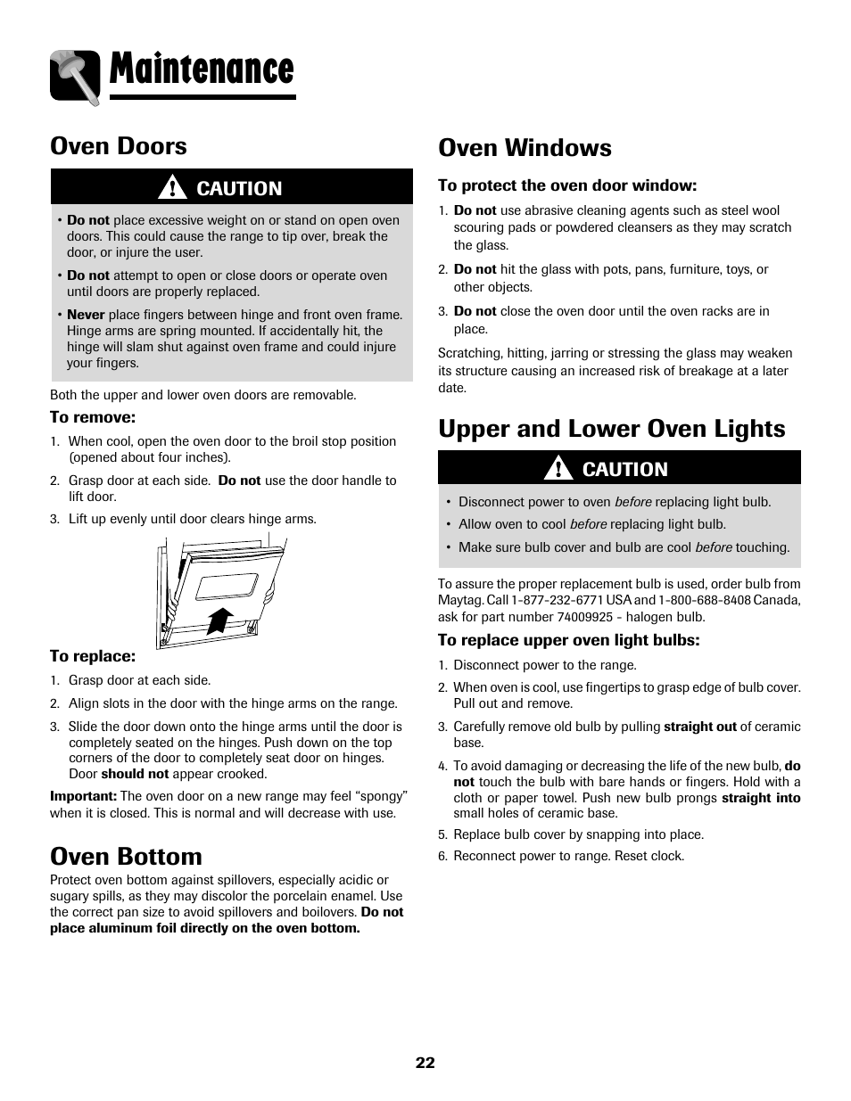 8113p636-60.p23, Maintenance, Oven doors oven windows | Upper and lower oven lights, Oven bottom, Caution | Maytag 8113P636-60 User Manual | Page 23 / 84
