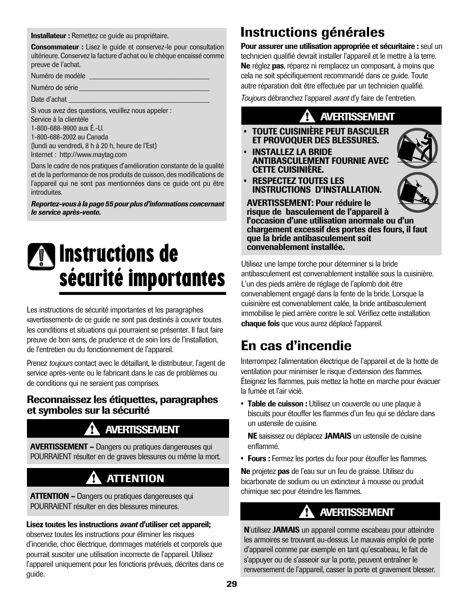 8113p636-60.p30, Instructions de sécurité importantes, Instructions générales en cas d’incendie | Maytag 8113P636-60 User Manual | Page 30 / 84