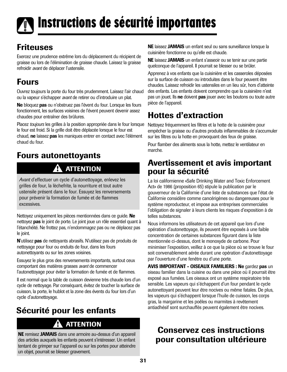 8113p636-60.p32, Instructions de sécurité importantes, Friteuses | Fours, Fours autonettoyants sécurité pour les enfants, Hottes d’extraction, Avertissement et avis important pour la sécurité | Maytag 8113P636-60 User Manual | Page 32 / 84