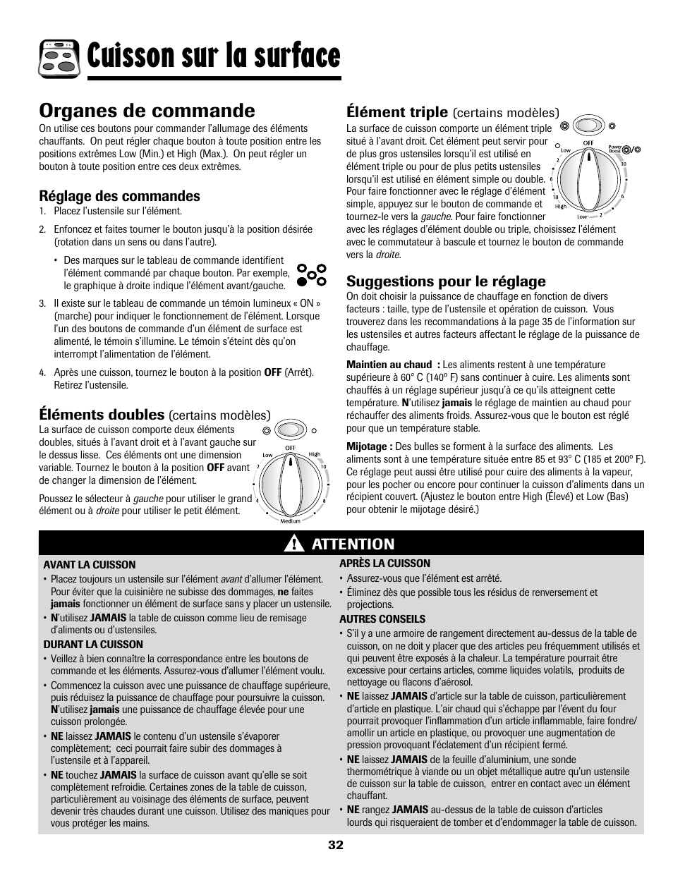 8113p636-60.p33, Cuisson sur la surface, Organes de commande | Réglage des commandes, Éléments doubles, Attention suggestions pour le réglage, Élément triple | Maytag 8113P636-60 User Manual | Page 33 / 84