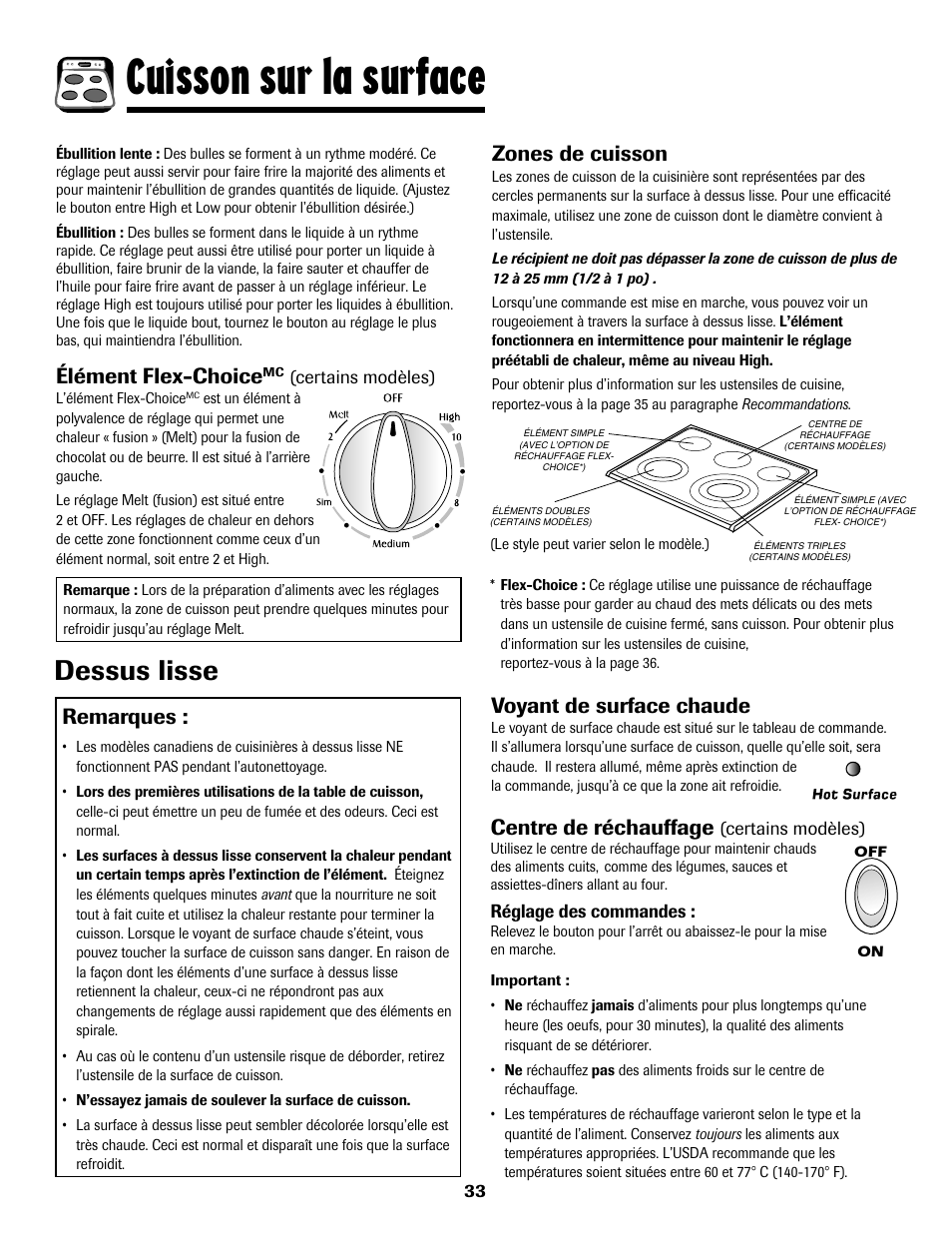 8113p636-60.p34, Cuisson sur la surface, Dessus lisse | Zones de cuisson, Centre de réchauffage, Remarques, Voyant de surface chaude, Élément flex-choice | Maytag 8113P636-60 User Manual | Page 34 / 84