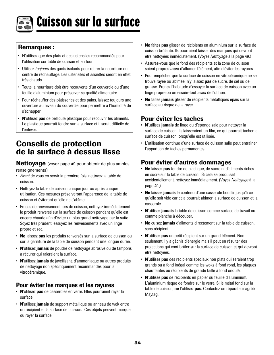 8113p636-60.p35, Cuisson sur la surface, Pour éviter les taches | Pour éviter d’autres dommages, Nettoyage, Pour éviter les marques et les rayures, Remarques | Maytag 8113P636-60 User Manual | Page 35 / 84