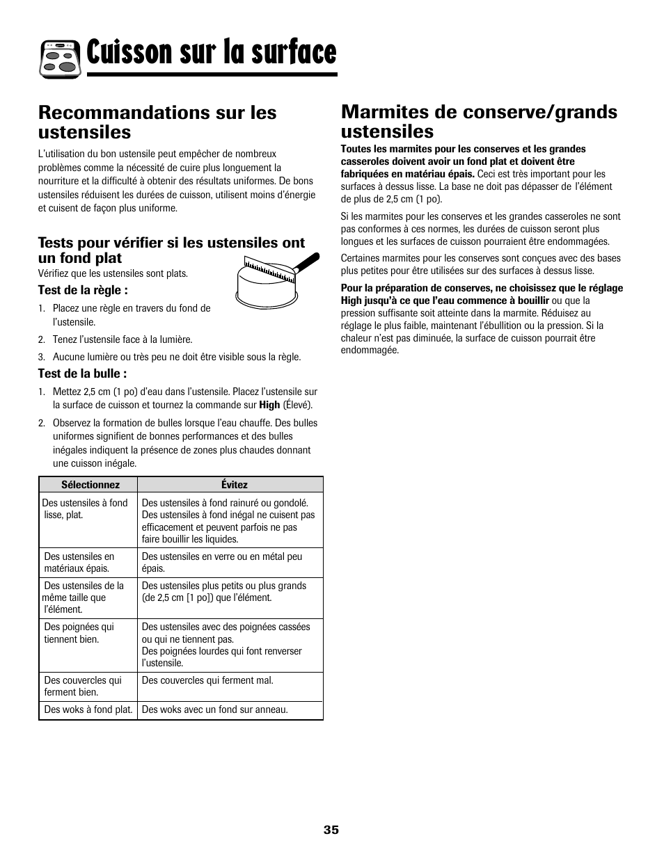 8113p636-60.p36, Cuisson sur la surface, Marmites de conserve/grands ustensiles | Recommandations sur les ustensiles | Maytag 8113P636-60 User Manual | Page 36 / 84