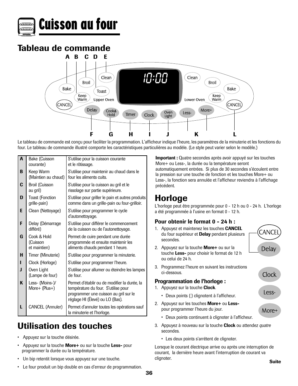 8113p636-60.p37, Cuisson au four, Tableau de commande | Utilisation des touches, Horloge | Maytag 8113P636-60 User Manual | Page 37 / 84