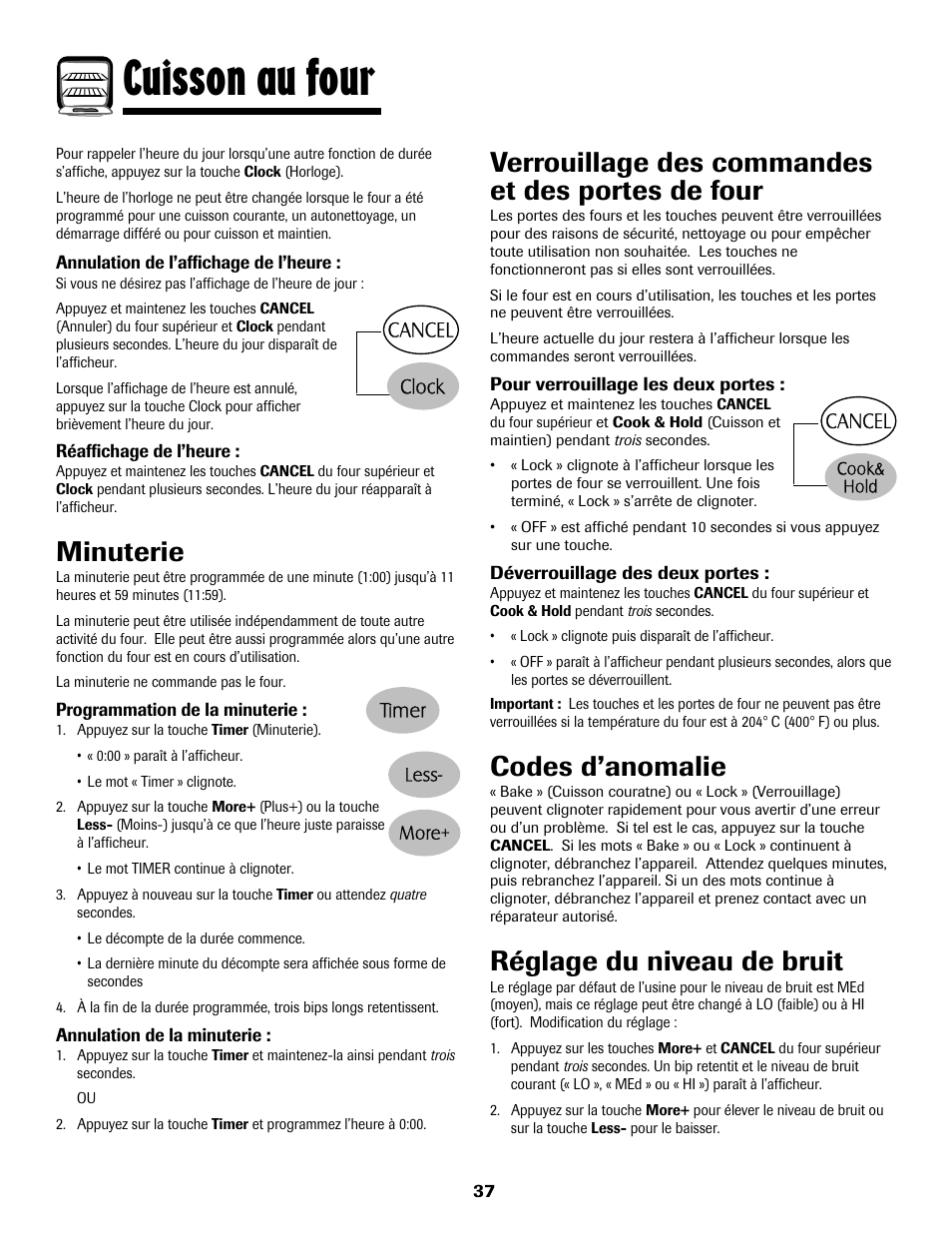 8113p636-60.p38, Cuisson au four, Minuterie | Verrouillage des commandes et des portes de four, Codes d’anomalie, Réglage du niveau de bruit | Maytag 8113P636-60 User Manual | Page 38 / 84