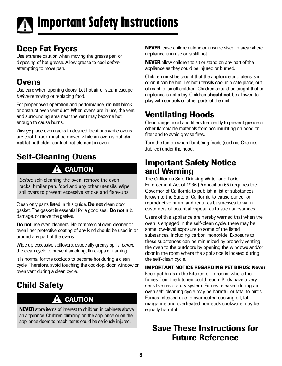 8113p636-60.p4, Important safety instructions, Save these instructions for future reference | Deep fat fryers, Ovens, Self-cleaning ovens, Ventilating hoods, Important safety notice and warning, Child safety | Maytag 8113P636-60 User Manual | Page 4 / 84