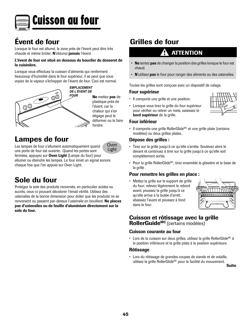 8113p636-60.p46, Cuisson au four, Lampes de four | Sole du four, Évent de four, Grilles de four, Attention, Cuisson et rôtissage avec la grille rollerguide | Maytag 8113P636-60 User Manual | Page 46 / 84