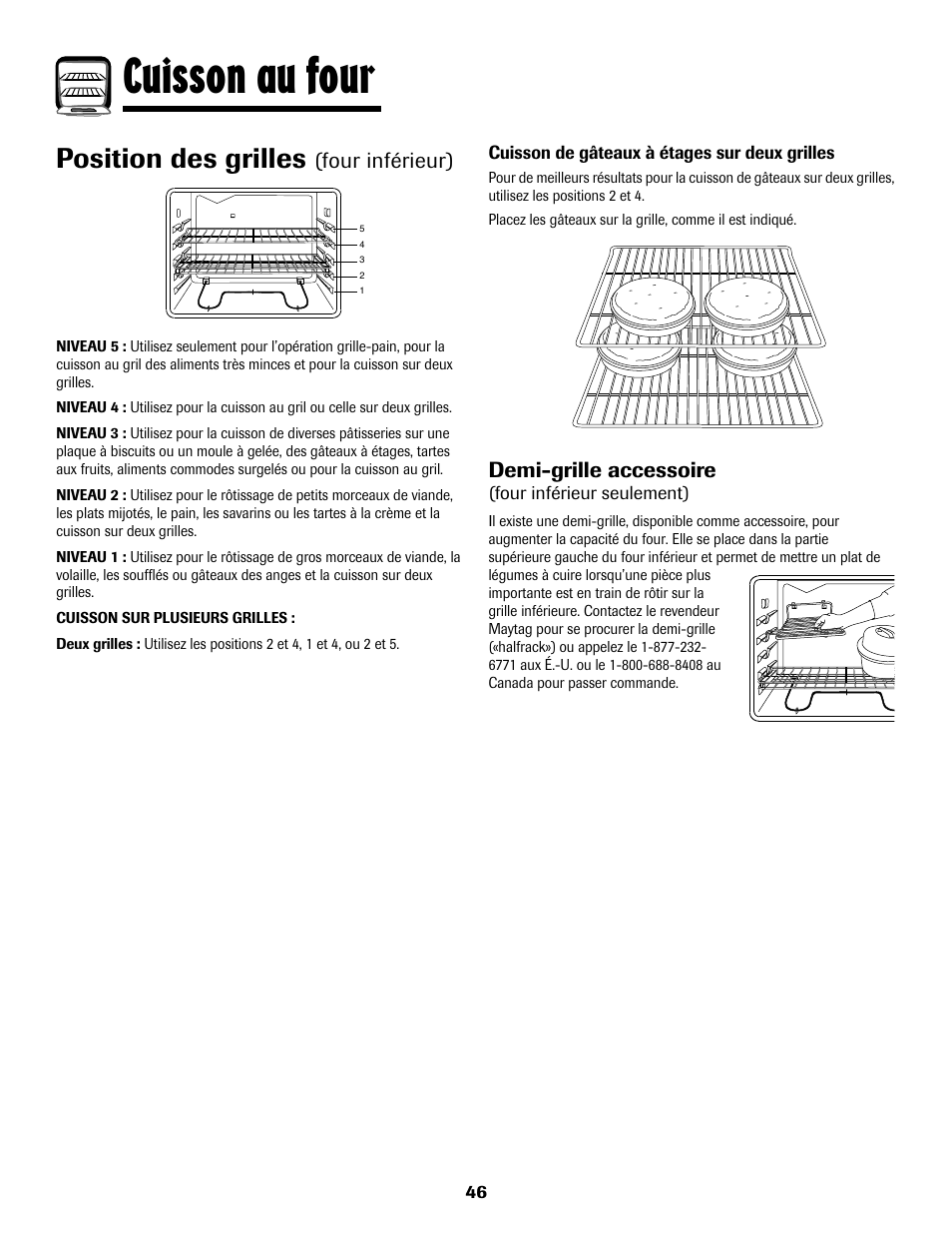 8113p636-60.p47, Cuisson au four, Position des grilles | Four inférieur), Demi-grille accessoire | Maytag 8113P636-60 User Manual | Page 47 / 84