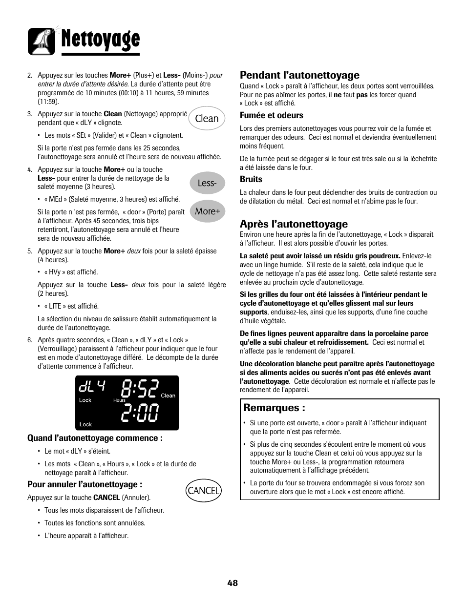 8113p636-60.p49, Nettoyage, Remarques | Pendant l’autonettoyage, Après l’autonettoyage | Maytag 8113P636-60 User Manual | Page 49 / 84