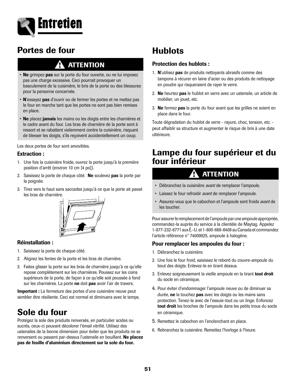 8113p636-60.p52, Entretien, Portes de four hublots | Lampe du four supérieur et du four inférieur, Sole du four, Attention | Maytag 8113P636-60 User Manual | Page 52 / 84