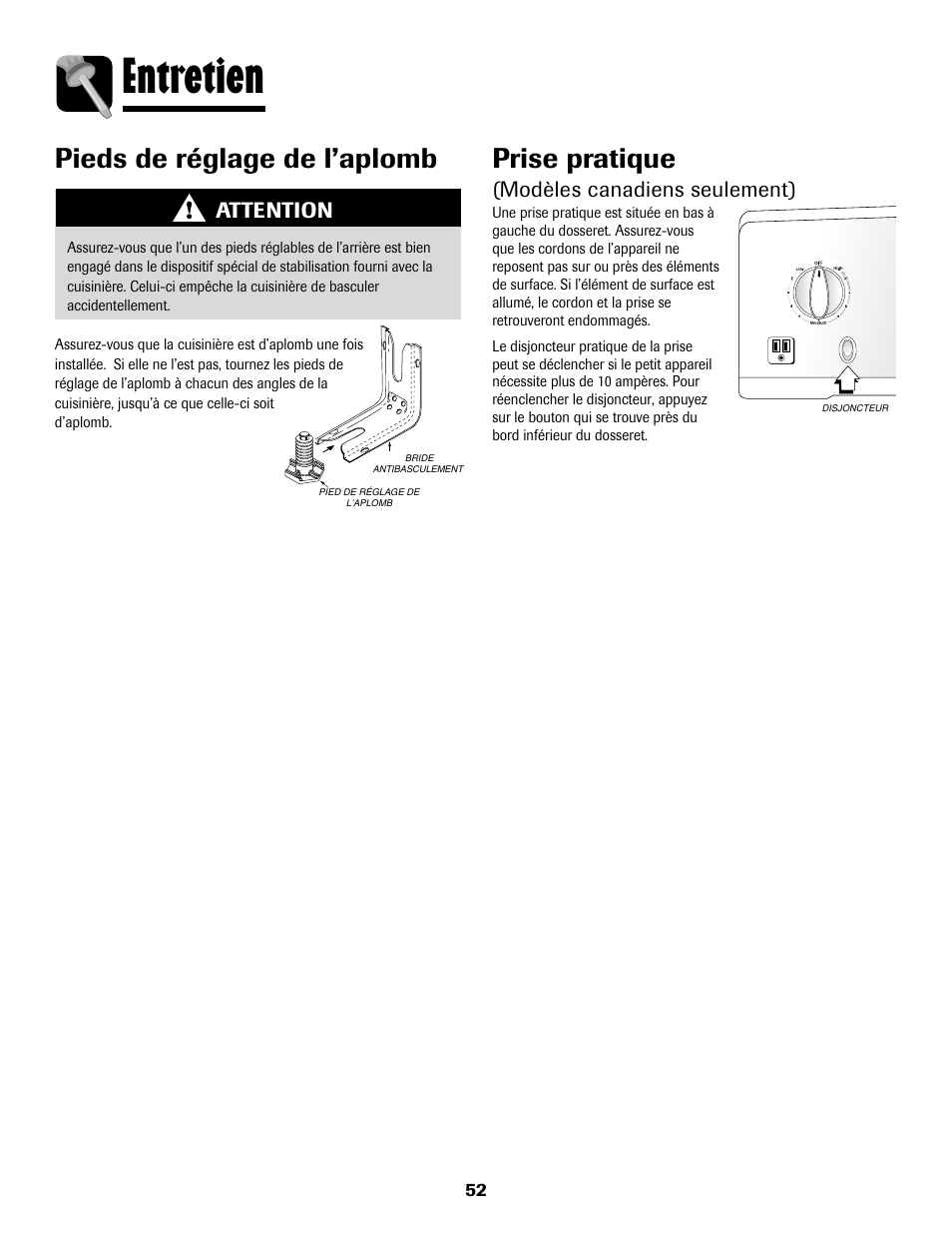 8113p636-60.p53, Entretien, Prise pratique | Pieds de réglage de l’aplomb, Modèles canadiens seulement), Attention | Maytag 8113P636-60 User Manual | Page 53 / 84