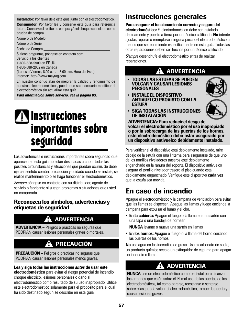 8113p636-60.p58, Instrucciones importantes sobre seguridad, Instrucciones generales en caso de incendio | Maytag 8113P636-60 User Manual | Page 58 / 84