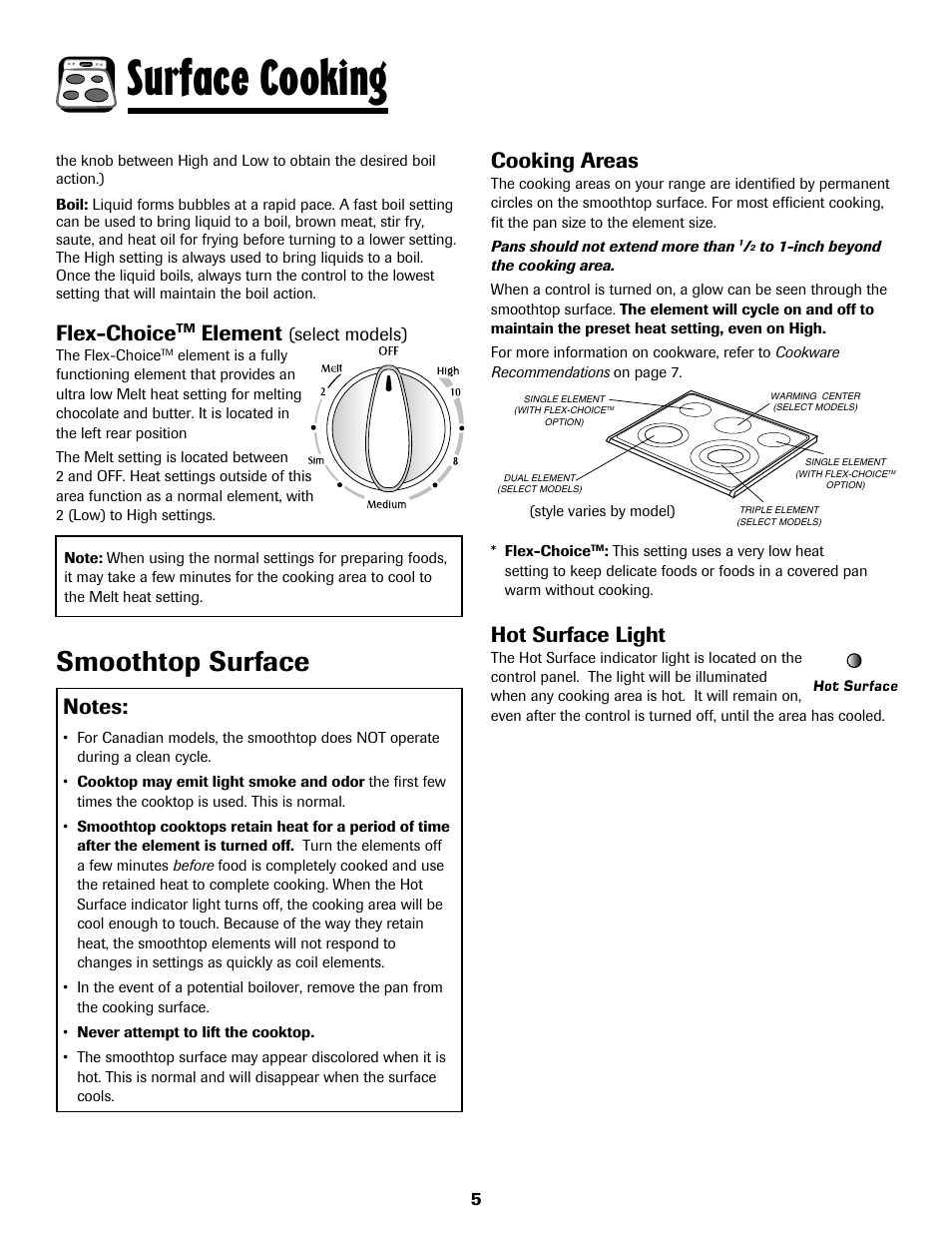 8113p636-60.p6, Surface cooking, Smoothtop surface | Cooking areas, Hot surface light, Flex-choice, Element, Select models) | Maytag 8113P636-60 User Manual | Page 6 / 84