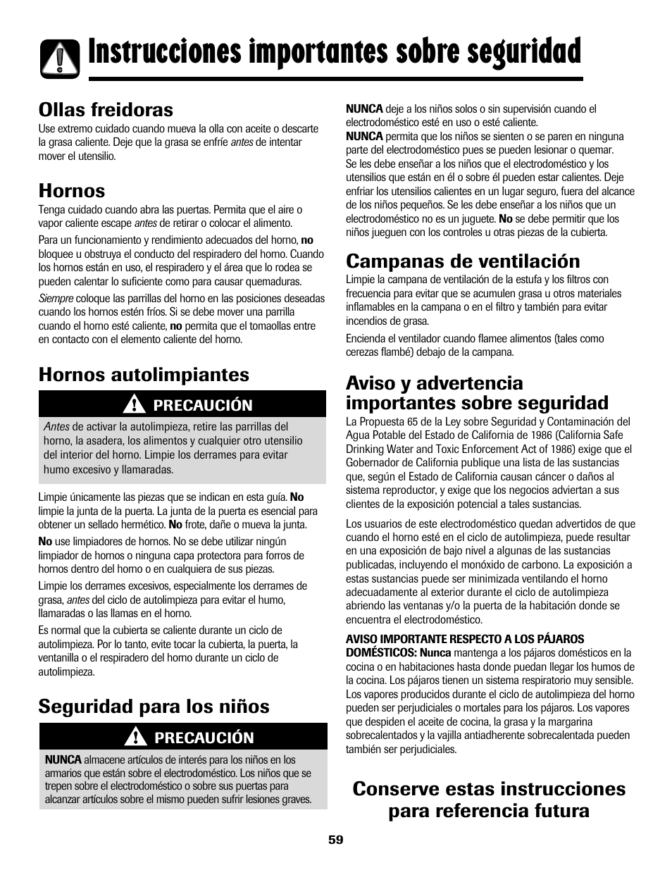 8113p636-60.p60, Instrucciones importantes sobre seguridad, Ollas freidoras | Hornos, Hornos autolimpiantes, Campanas de ventilación, Aviso y advertencia importantes sobre seguridad, Seguridad para los niños | Maytag 8113P636-60 User Manual | Page 60 / 84