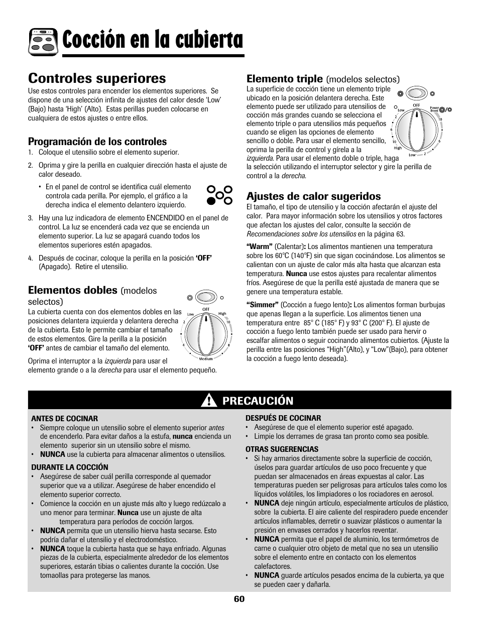 8113p636-60.p61, Cocción en la cubierta, Controles superiores | Programación de los controles, Elementos dobles, Precaución ajustes de calor sugeridos, Elemento triple | Maytag 8113P636-60 User Manual | Page 61 / 84