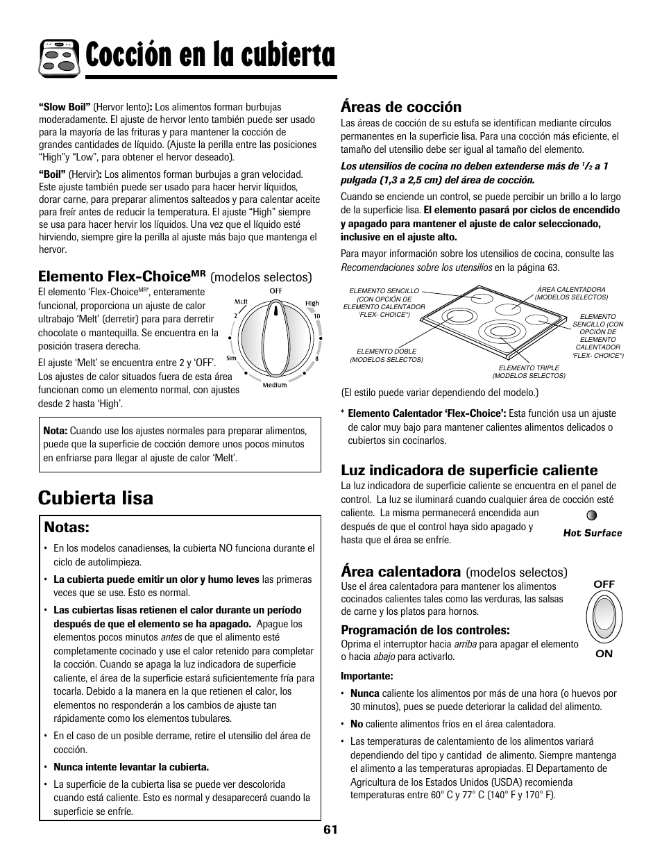 8113p636-60.p62, Cocción en la cubierta, Cubierta lisa | Áreas de cocción, Luz indicadora de superficie caliente, Área calentadora, Notas, Elemento flex-choice | Maytag 8113P636-60 User Manual | Page 62 / 84